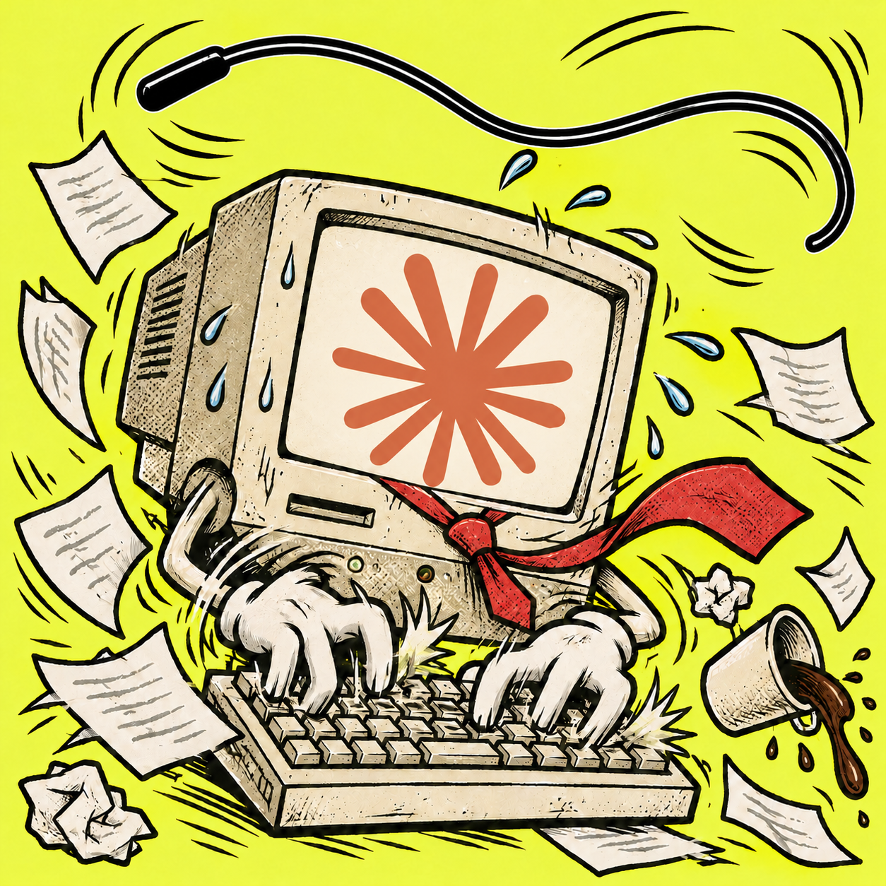 Cartoon computer with Claude’s orange starburst logo on its screen, frantically typing beneath the OpenWhip